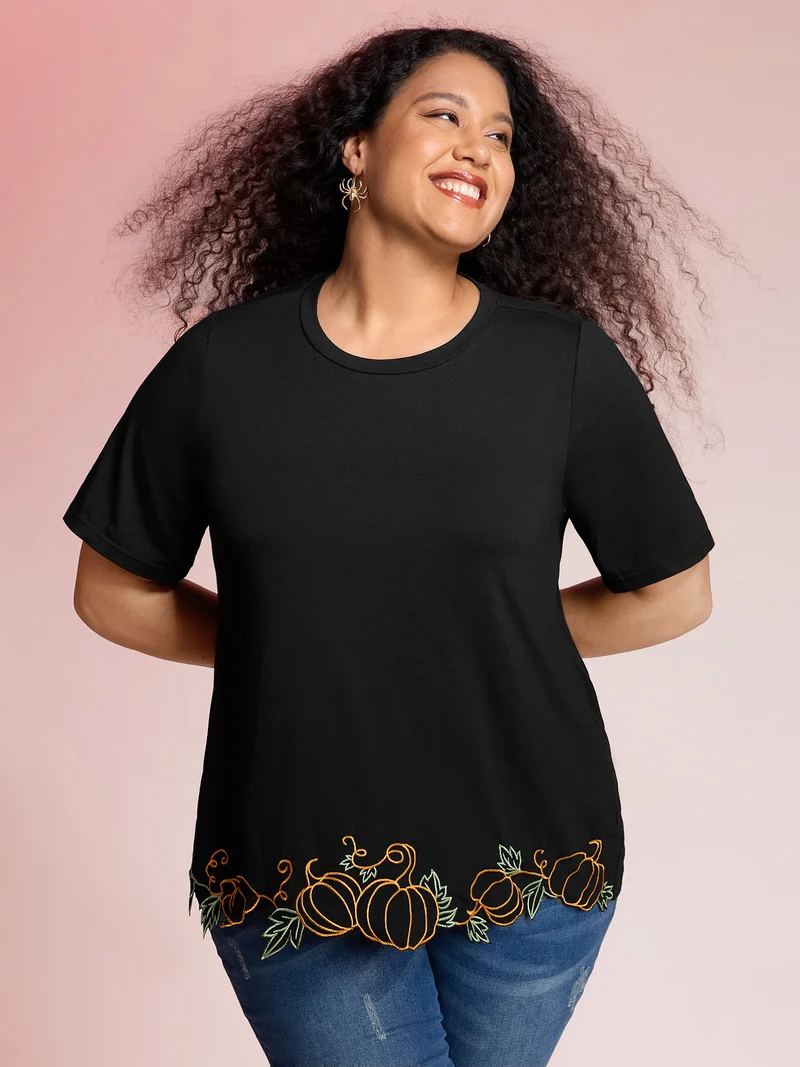 Pumpkin Embroidered Hem Solid T-Shirt
