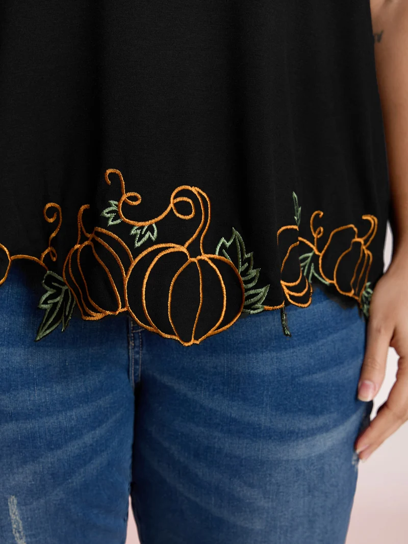 Pumpkin Embroidered Hem Solid T-Shirt