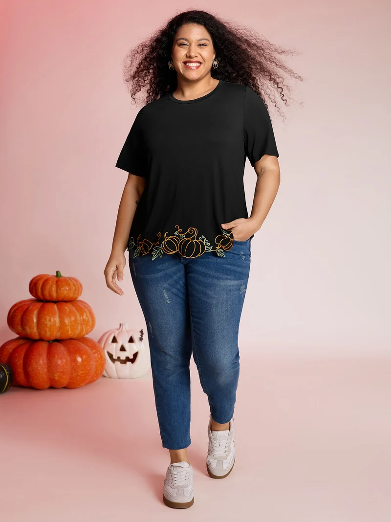 Pumpkin Embroidered Hem Solid T-Shirt