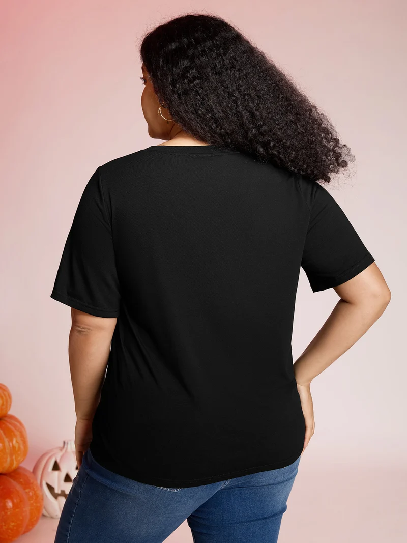 Pumpkin Embroidered Hem Solid T-Shirt