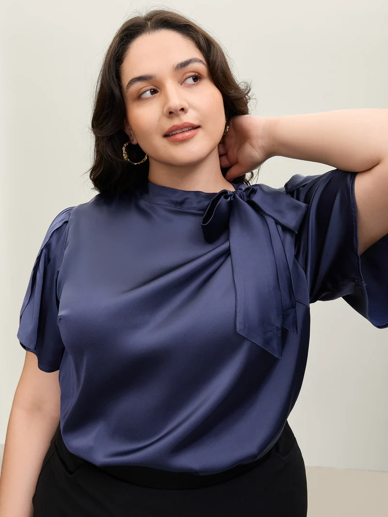Satin Ribbon Knot Mock Neck Blouse