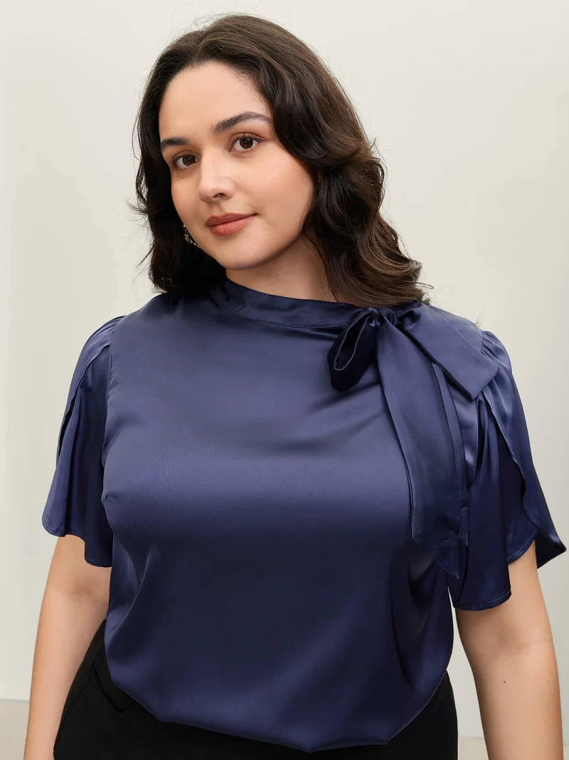 Satin Ribbon Knot Mock Neck Blouse