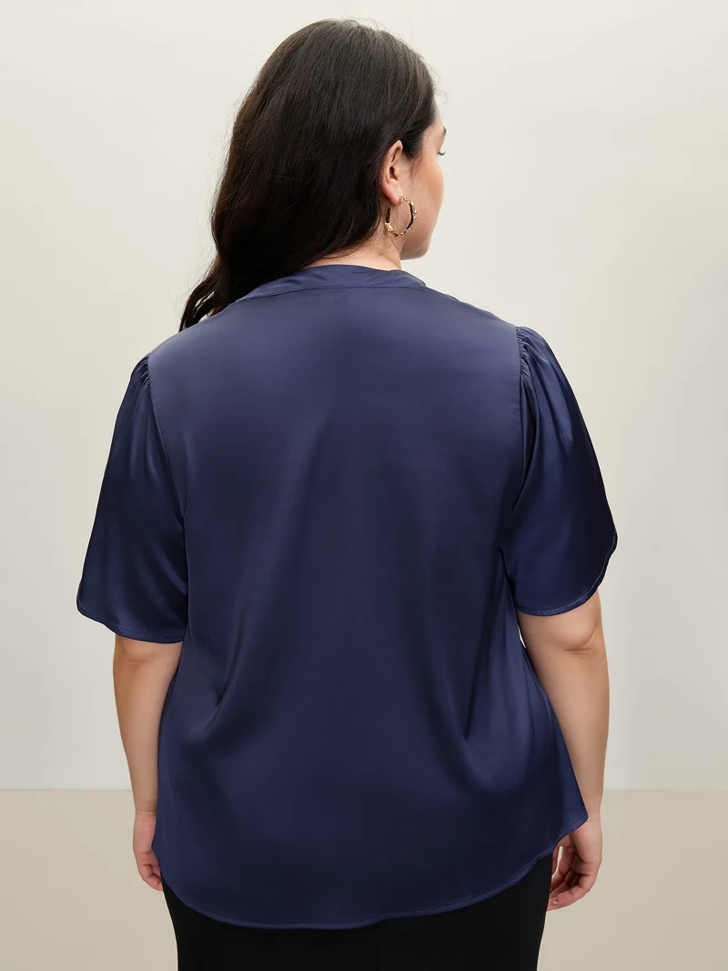 Satin Ribbon Knot Mock Neck Blouse