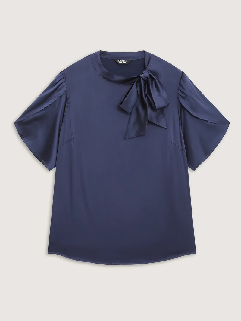 Satin Ribbon Knot Mock Neck Blouse