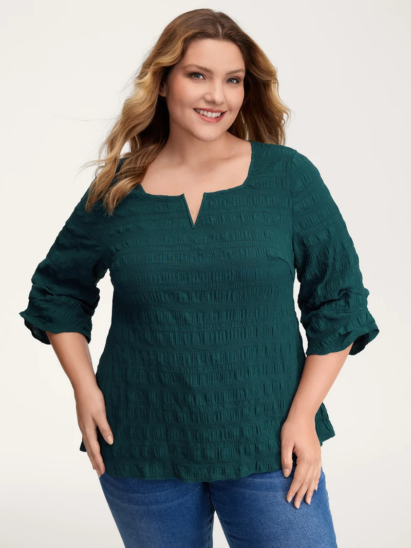 Textured Gathered Sleeve Solid Blouse