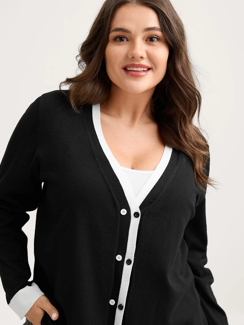 Color Contrast Placekt Button Knit Cardigan