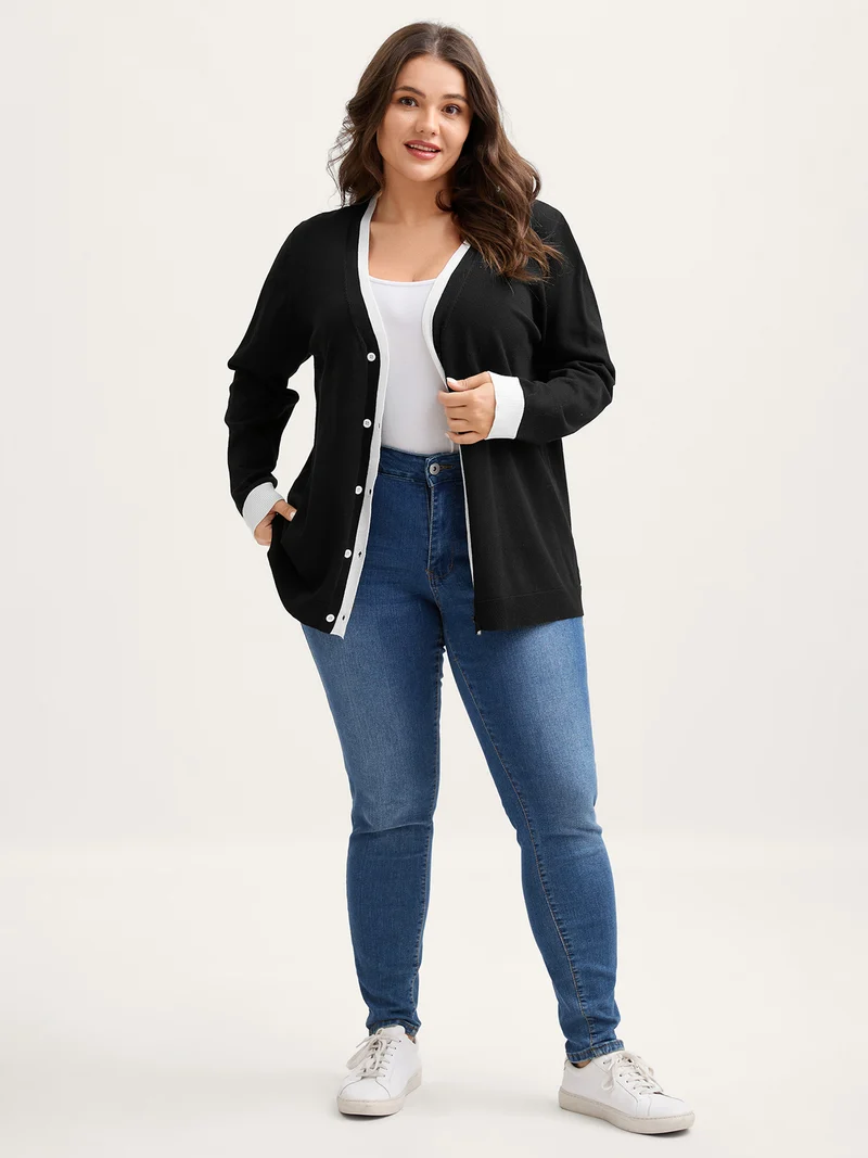 Color Contrast Placekt Button Knit Cardigan