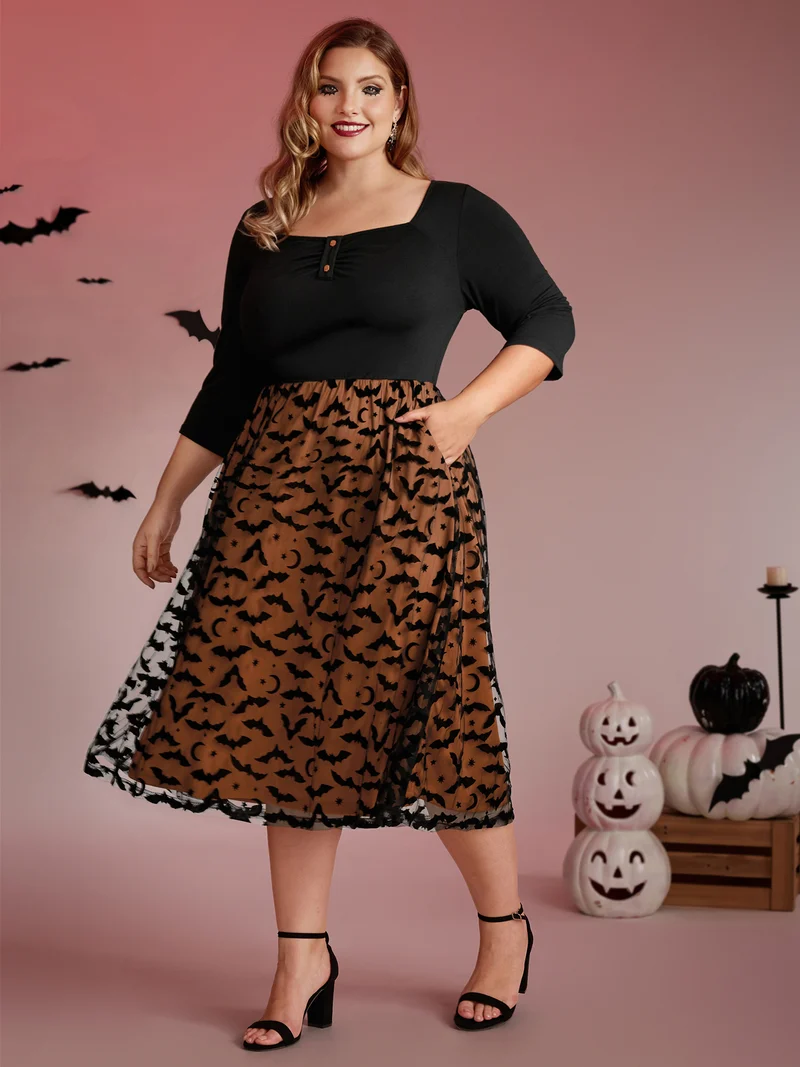 Bats Print Halloween Sheer Pockets Maxi Dress