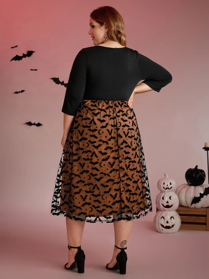 Bats Print Halloween Sheer Pockets Maxi Dress