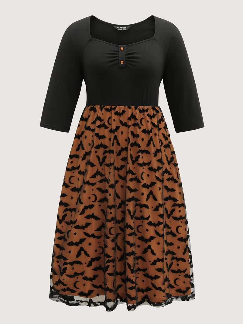 Bats Print Halloween Sheer Pockets Maxi Dress