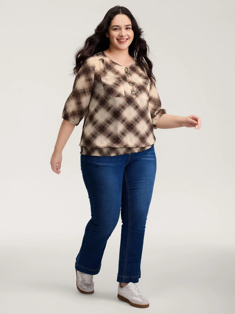 Plaid Half-Button Placket Semi-Sheer Blouse