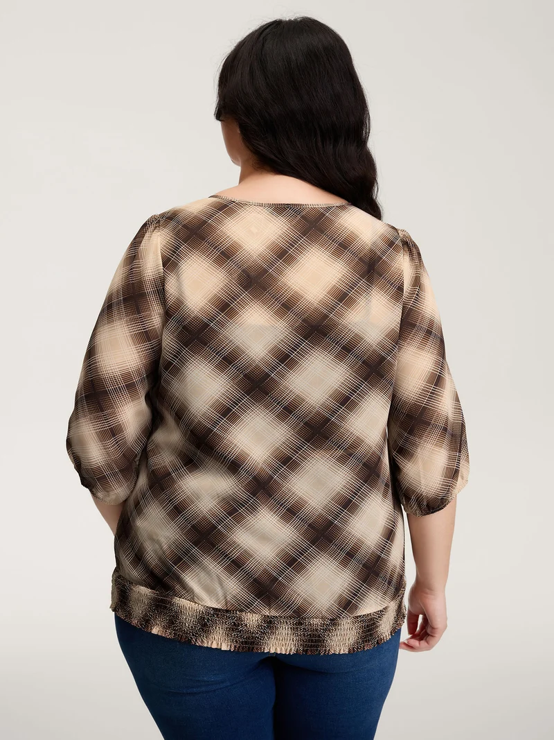 Plaid Half-Button Placket Semi-Sheer Blouse