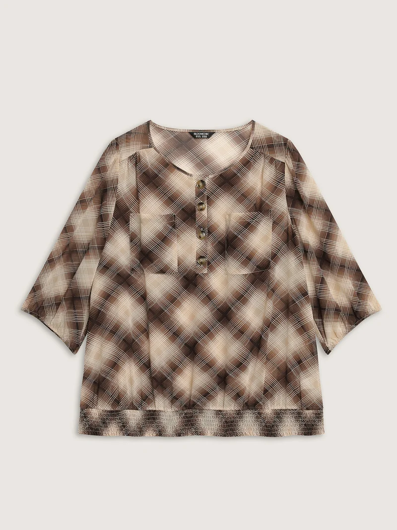 Plaid Half-Button Placket Semi-Sheer Blouse