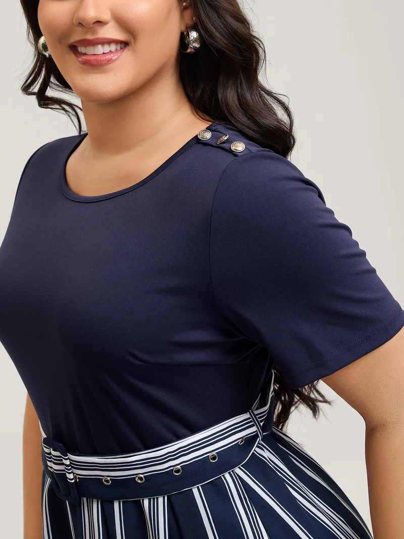 Striped Contrast Print Waist-Cinched Midi Dress