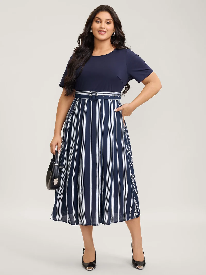 Striped Contrast Print Waist-Cinched Midi Dress