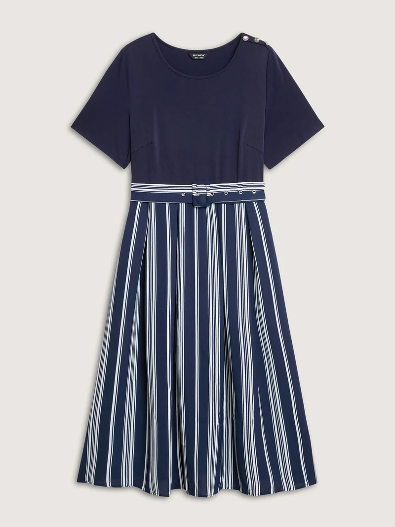 Striped Contrast Print Waist-Cinched Midi Dress