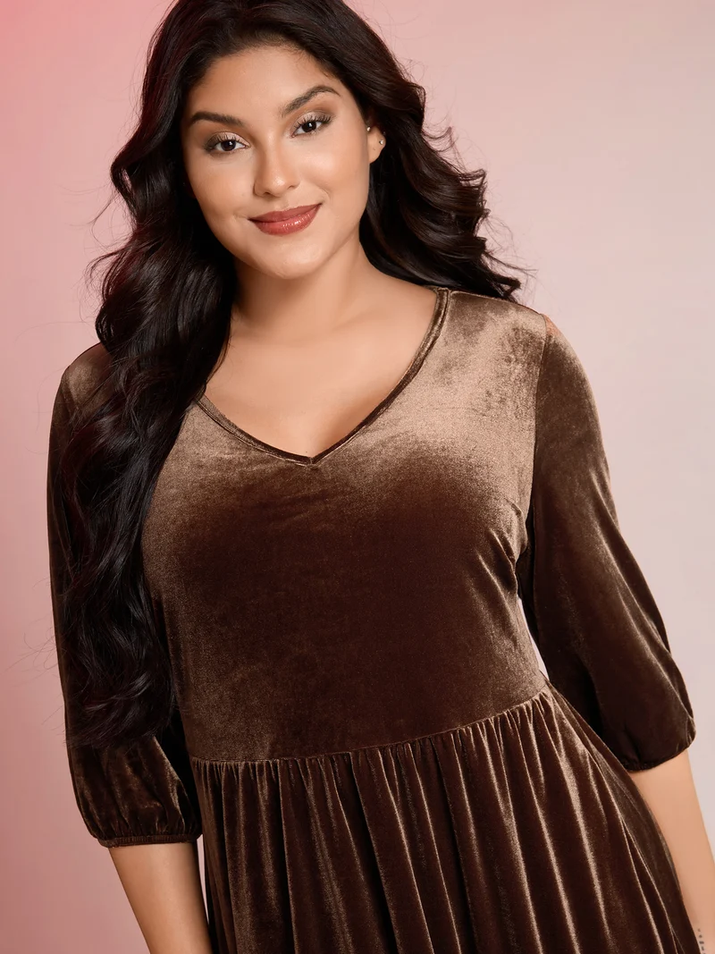 Velvet V-Neck Cinched-Waist Midi Dress