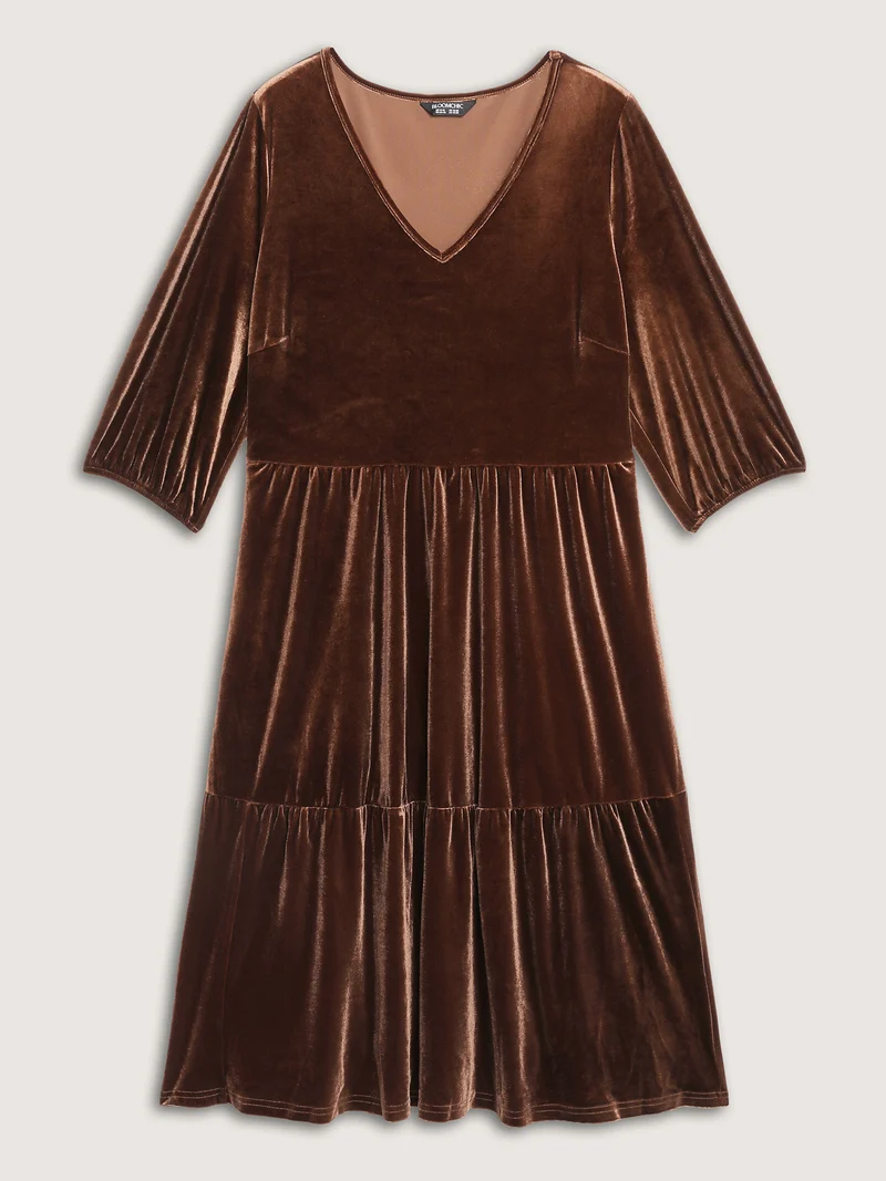 Velvet V-Neck Cinched-Waist Midi Dress