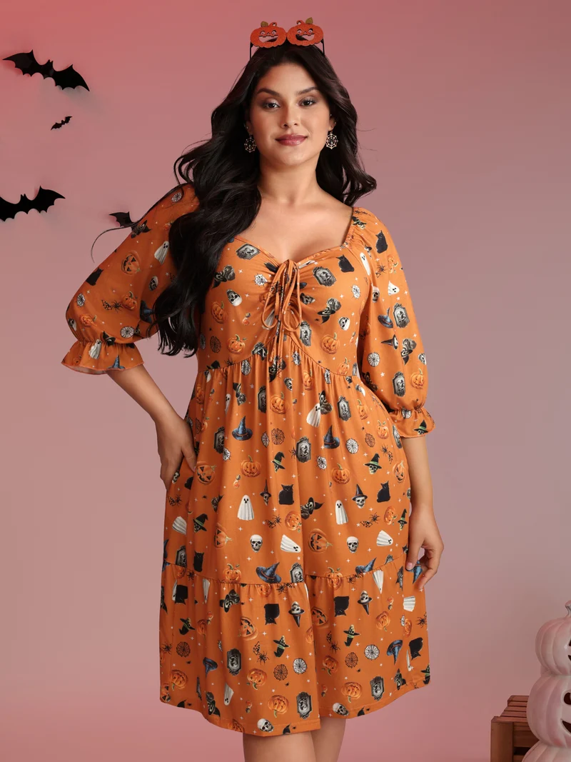 Cozy Hauntings Stretchy Waist Pockets Midi Dress