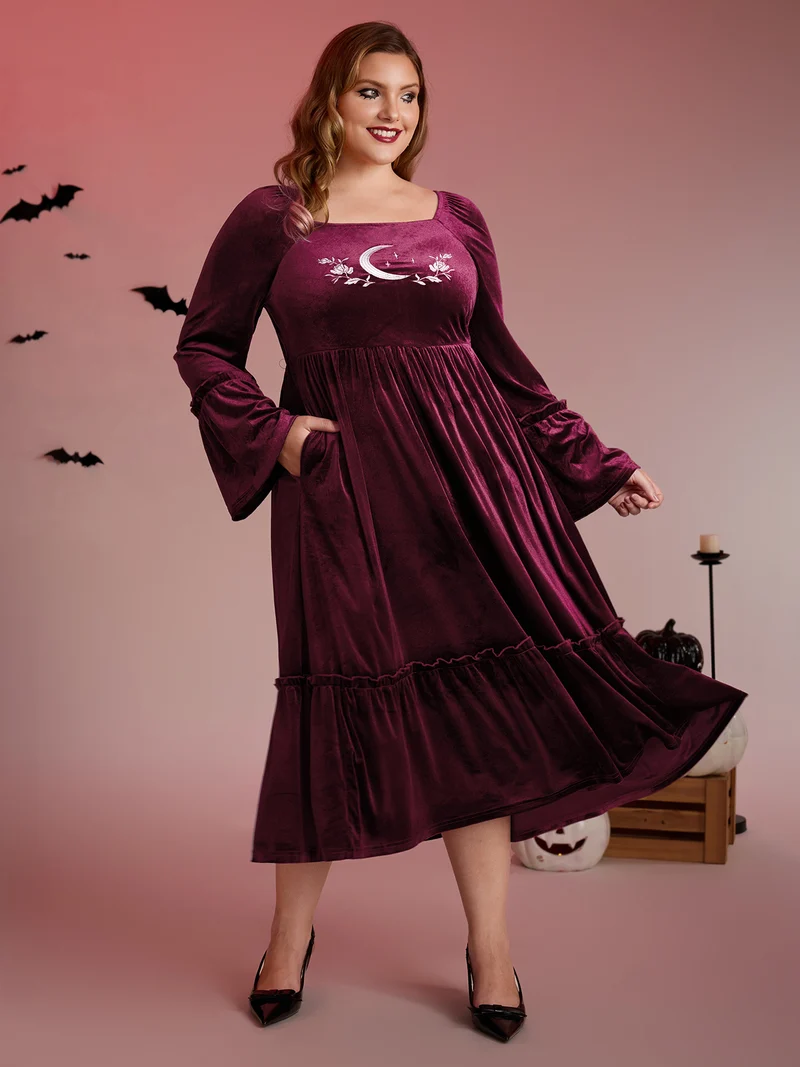 Mystical Moon Embroidery Velvet Midi Dress