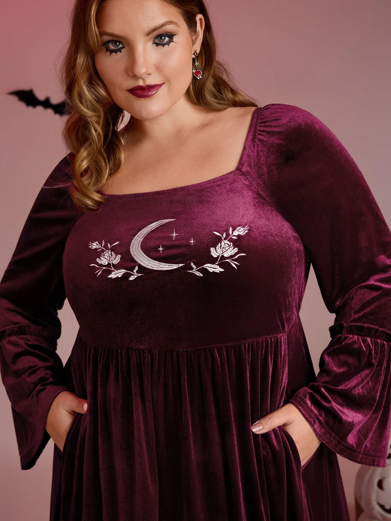 Mystical Moon Embroidery Velvet Midi Dress