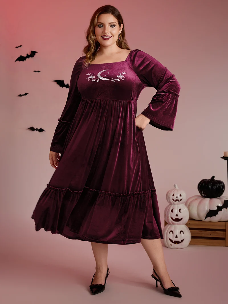 Mystical Moon Embroidery Velvet Midi Dress