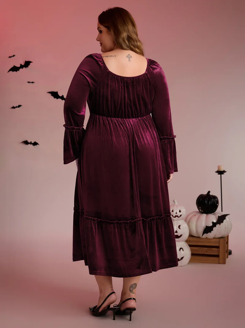 Mystical Moon Embroidery Velvet Midi Dress