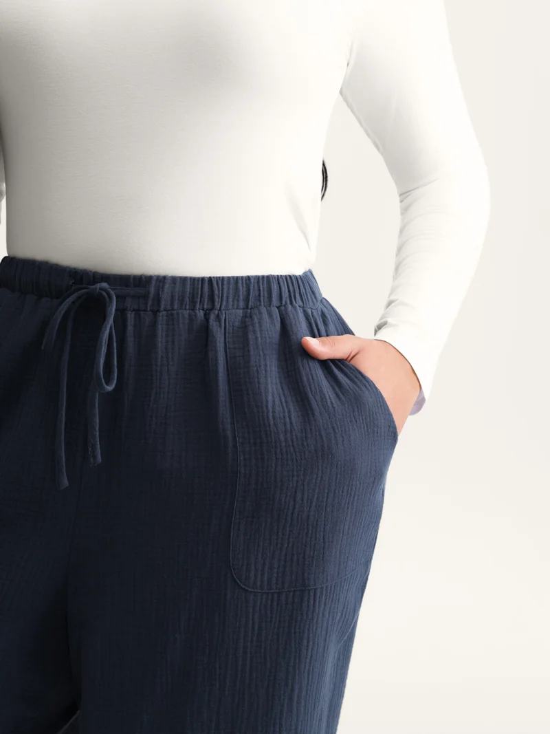 Cotton Textured Waist Drawstring Straight-Leg Pants
