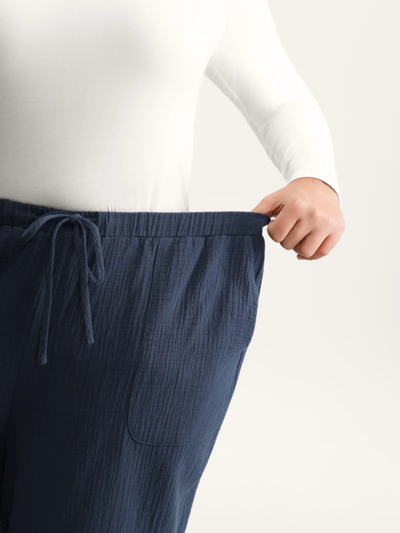 Cotton Textured Waist Drawstring Straight-Leg Pants