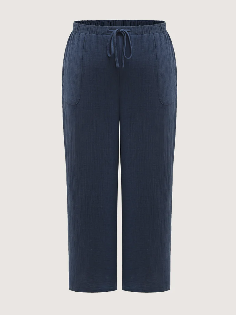 Cotton Textured Waist Drawstring Straight-Leg Pants