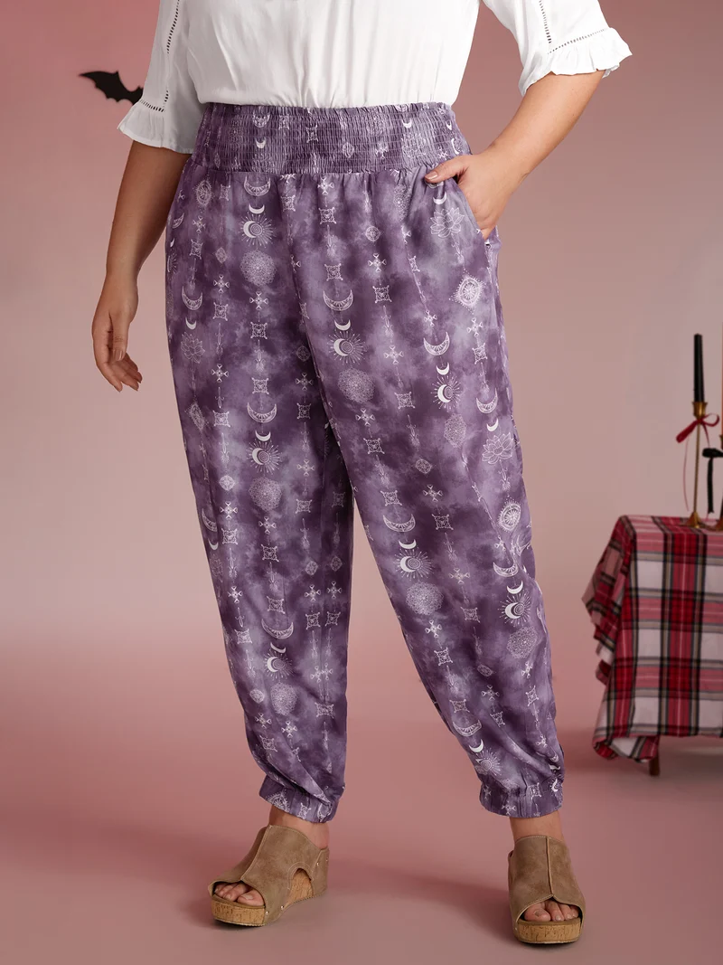 Starry Print Shirred Wide Waistband Pants