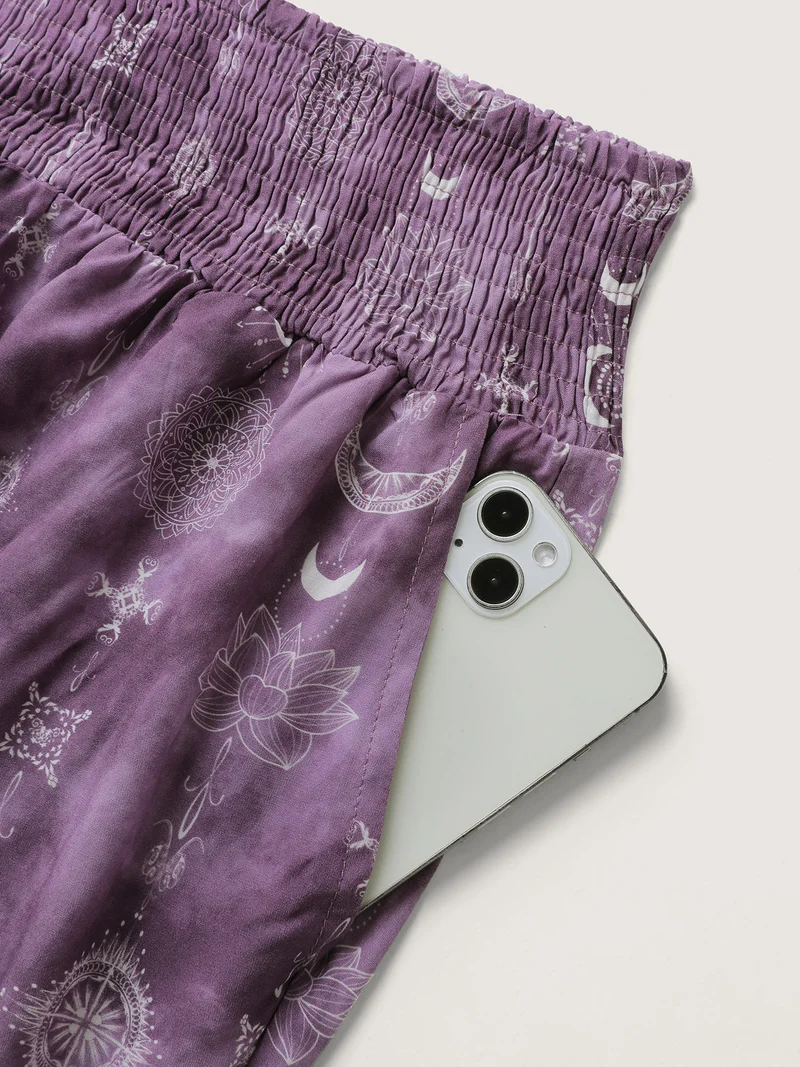 Starry Print Shirred Wide Waistband Pants
