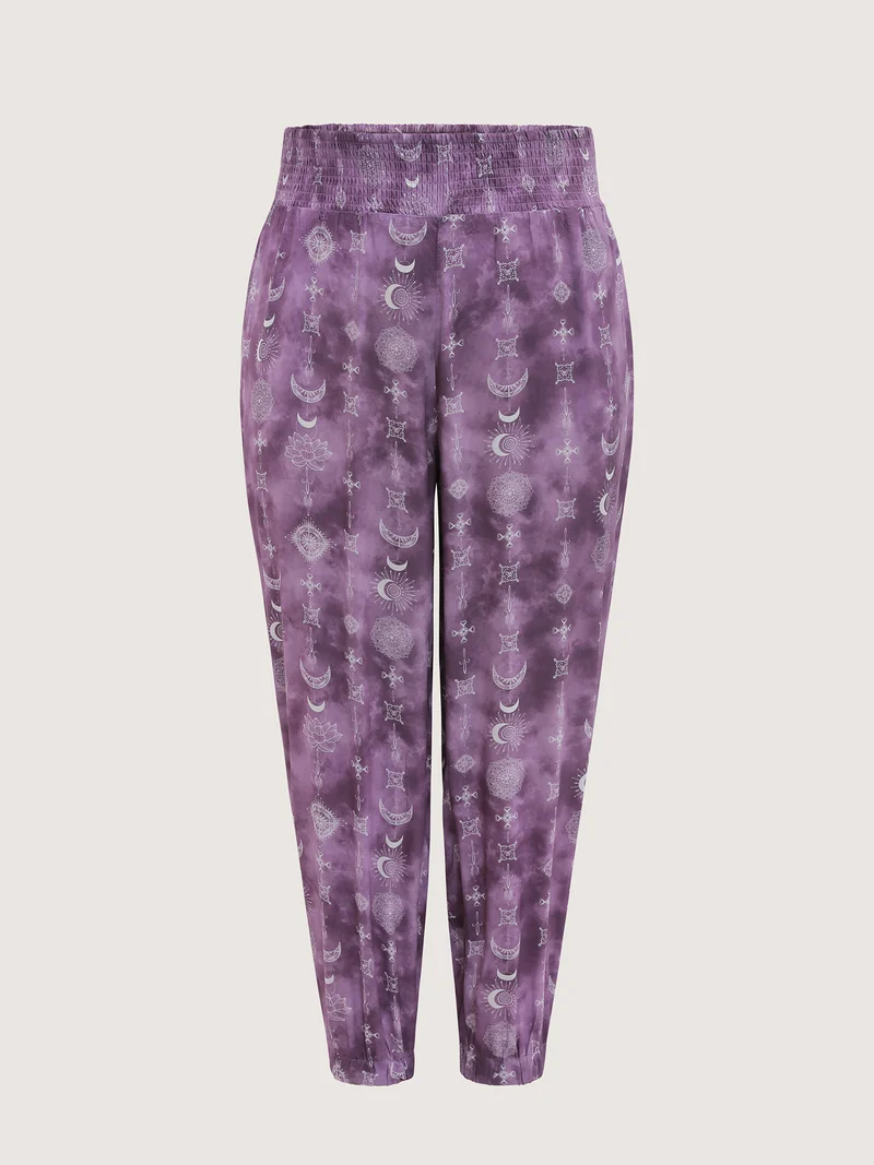 Starry Print Shirred Wide Waistband Pants