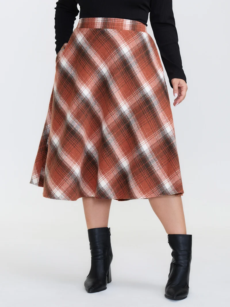 Pumpkin Plaid Print Halloween Midi Skirt