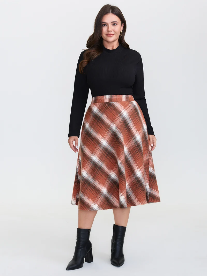 Pumpkin Plaid Print Halloween Midi Skirt