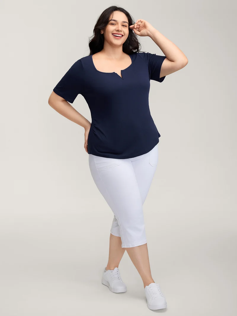 Ribbed High Stretch Split Neck T-Shirt
