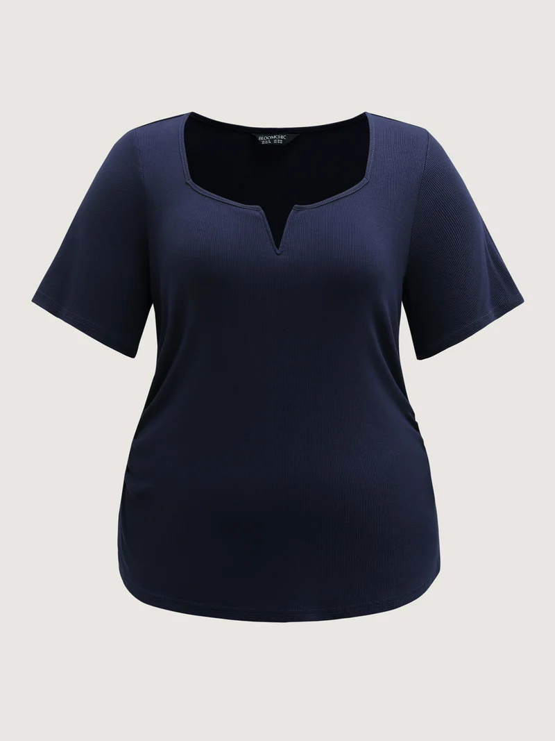 Ribbed High Stretch Split Neck T-Shirt