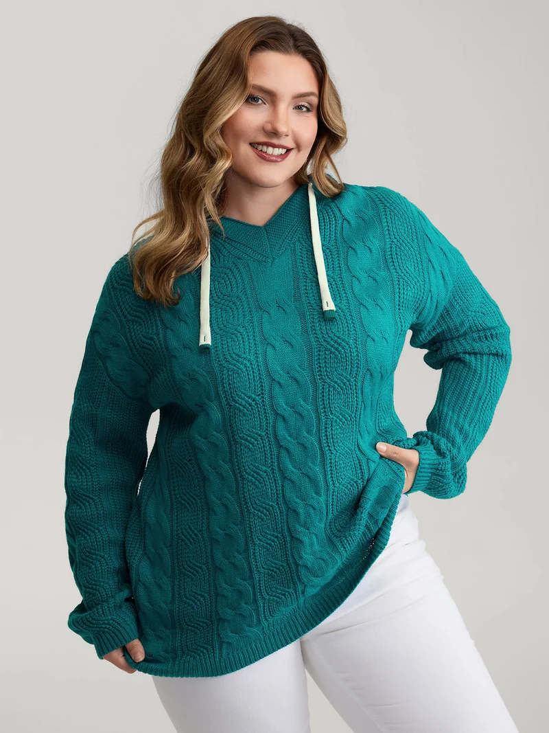 Cable Knit Hooded Solid Pullover