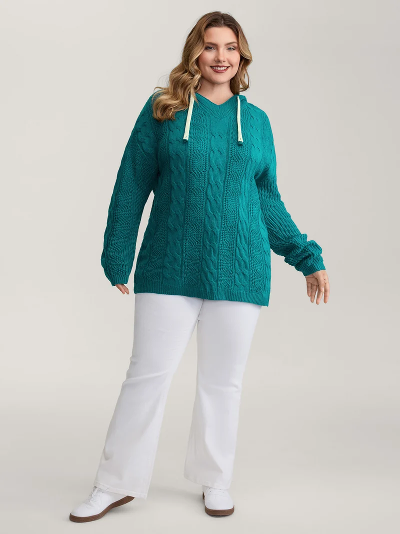 Cable Knit Hooded Solid Pullover