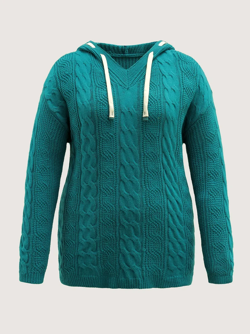 Cable Knit Hooded Solid Pullover