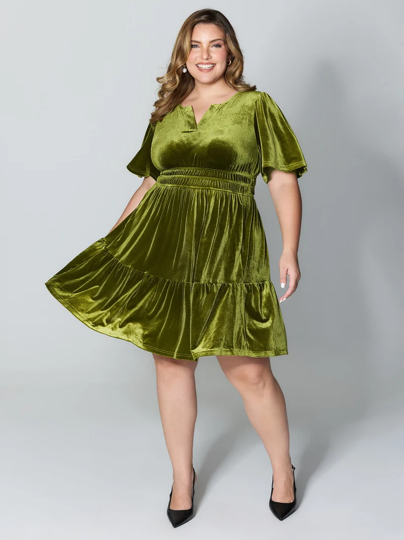 Velvet Stretchy Waistband Tiered Knee-Length Dress