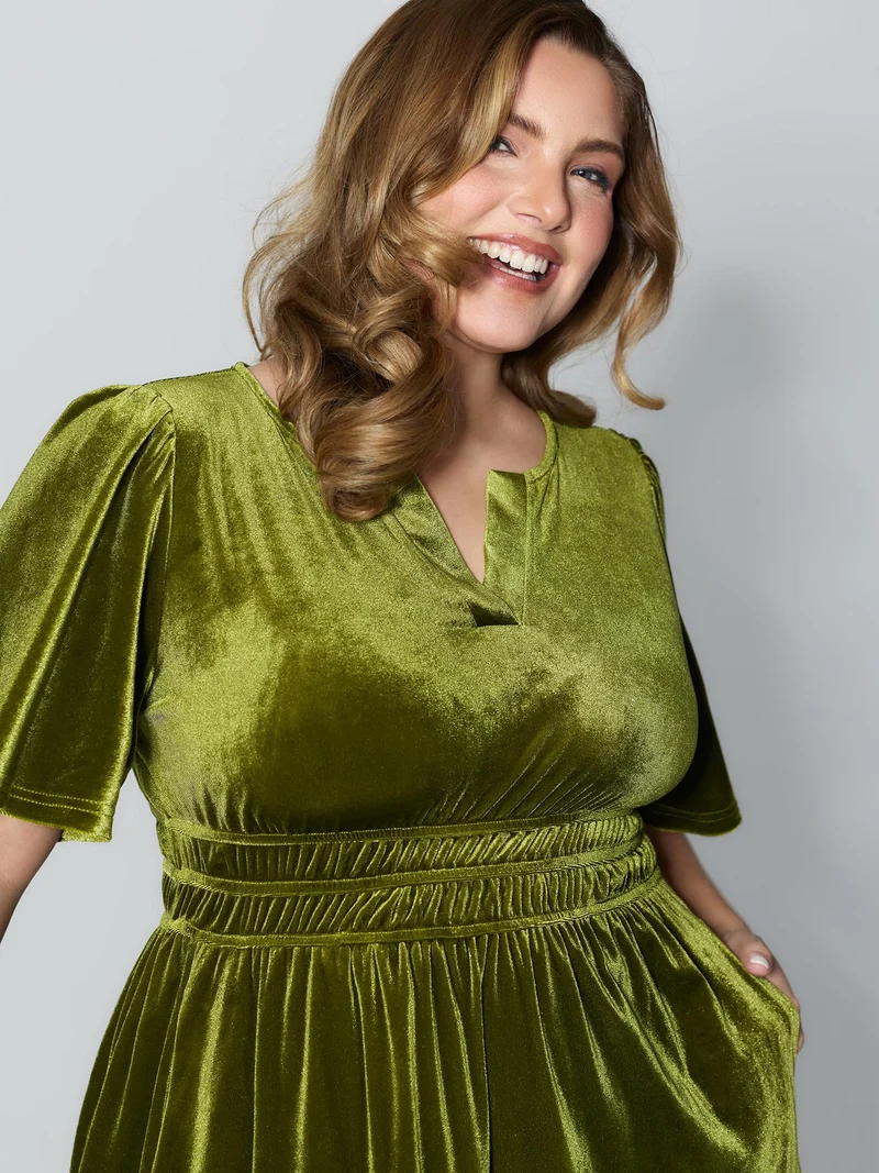 Velvet Stretchy Waistband Tiered Knee-Length Dress