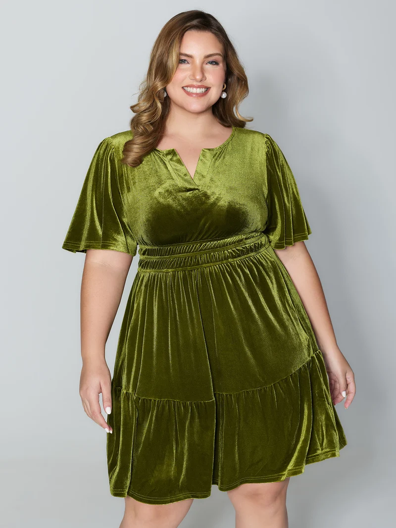 Velvet Stretchy Waistband Tiered Knee-Length Dress