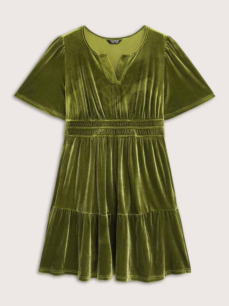 Velvet Stretchy Waistband Tiered Knee-Length Dress