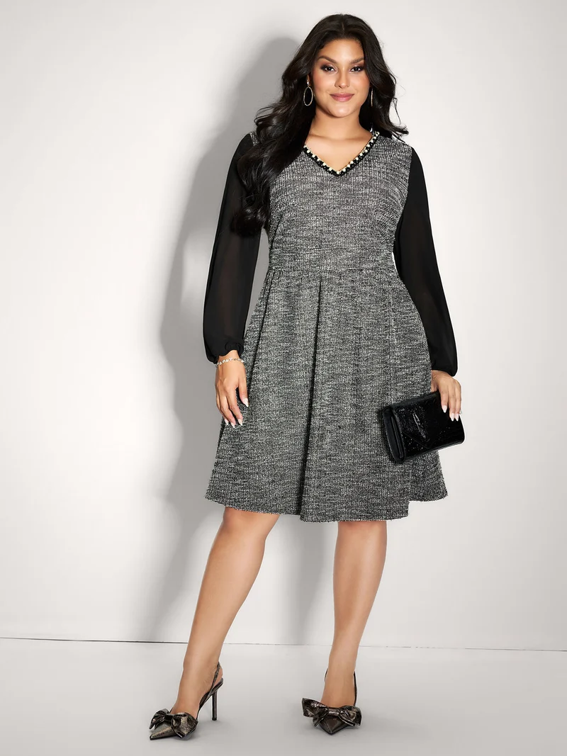 Tweed Pearl Collar Semi-Sheer Midi Dress