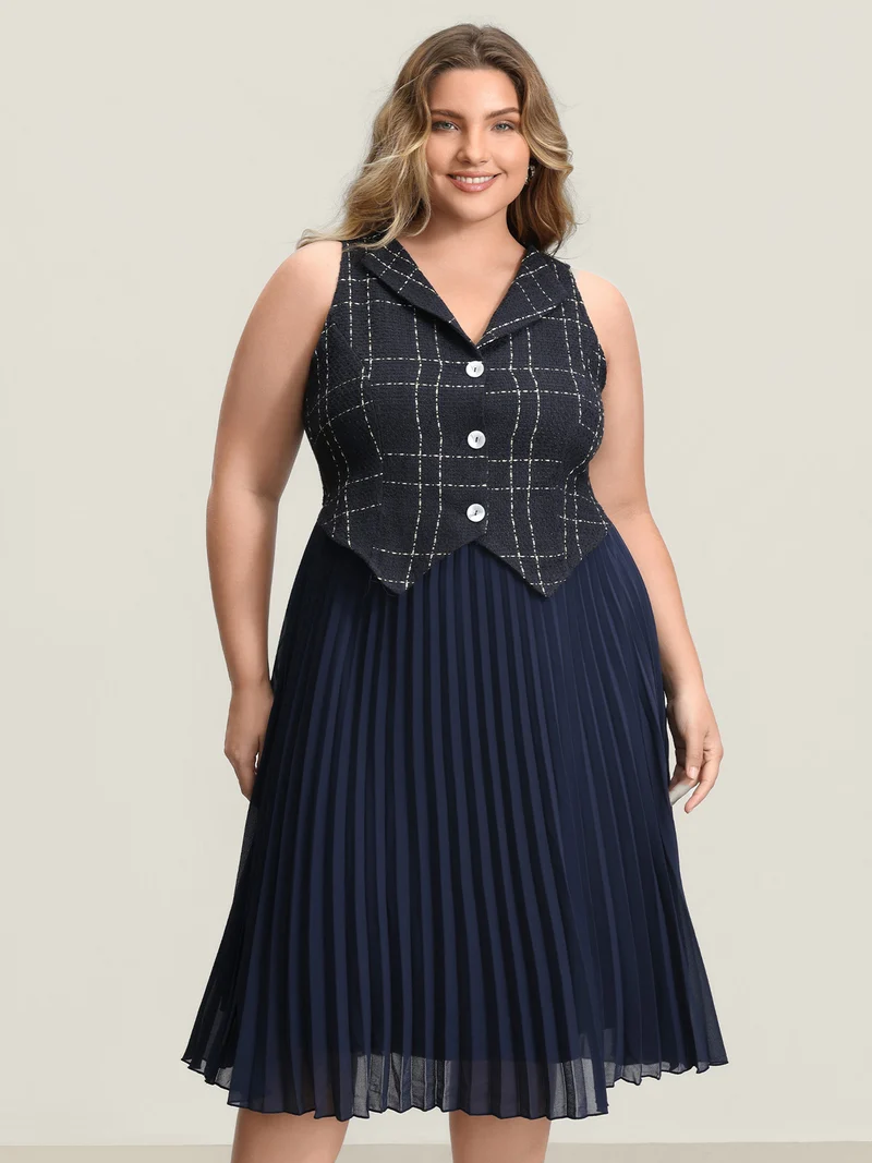 Plaid Pleated Skirt Contrast Vest Midi Dress