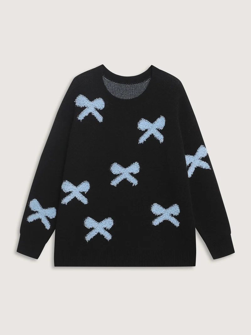 3D Bowknot Jacquard Textured Pullover