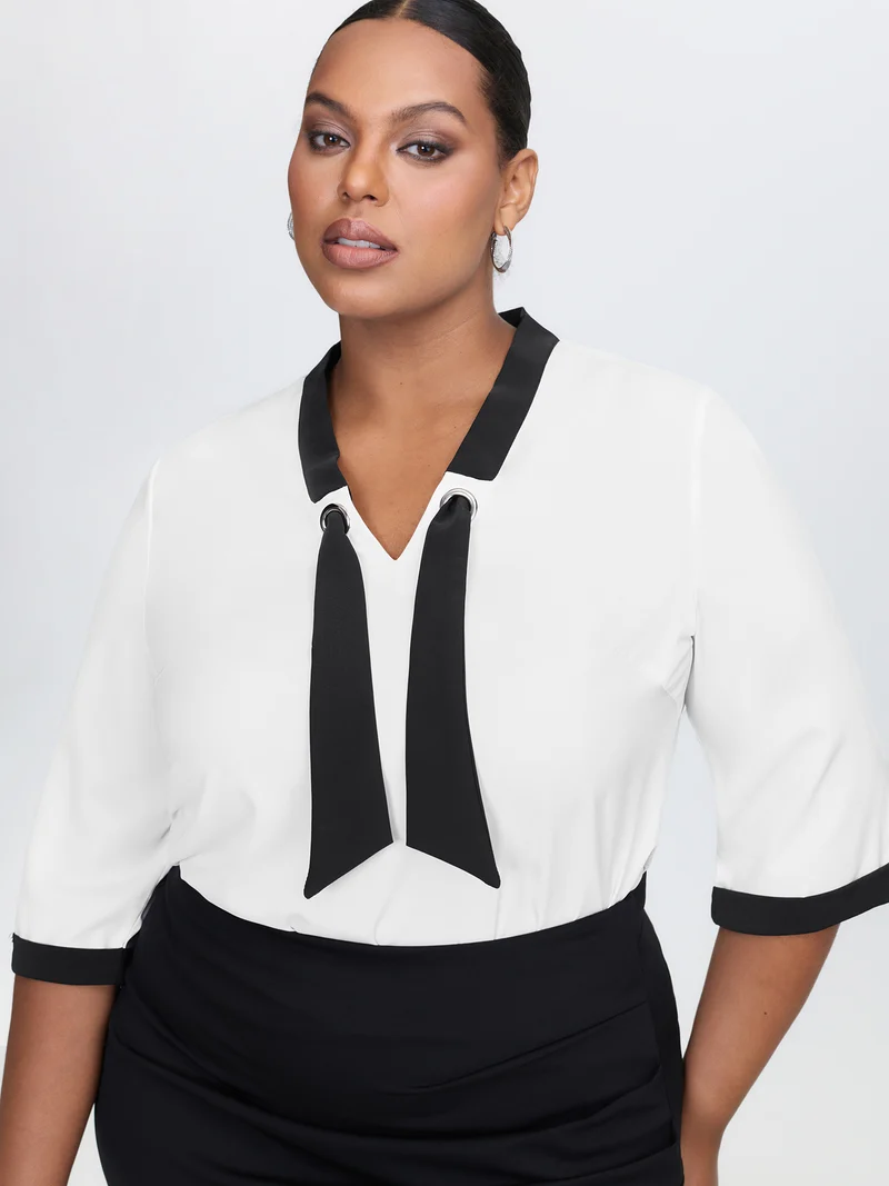 Color Contrast Sailor Neck-Tie Blouse