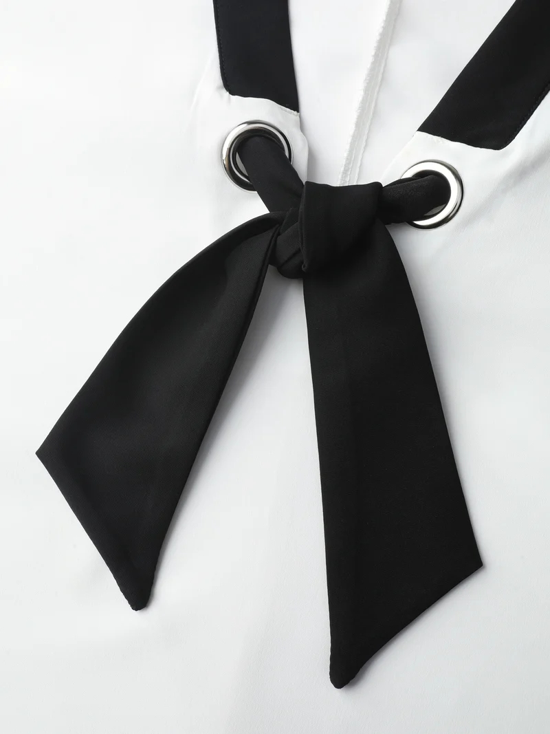 Color Contrast Sailor Neck-Tie Blouse