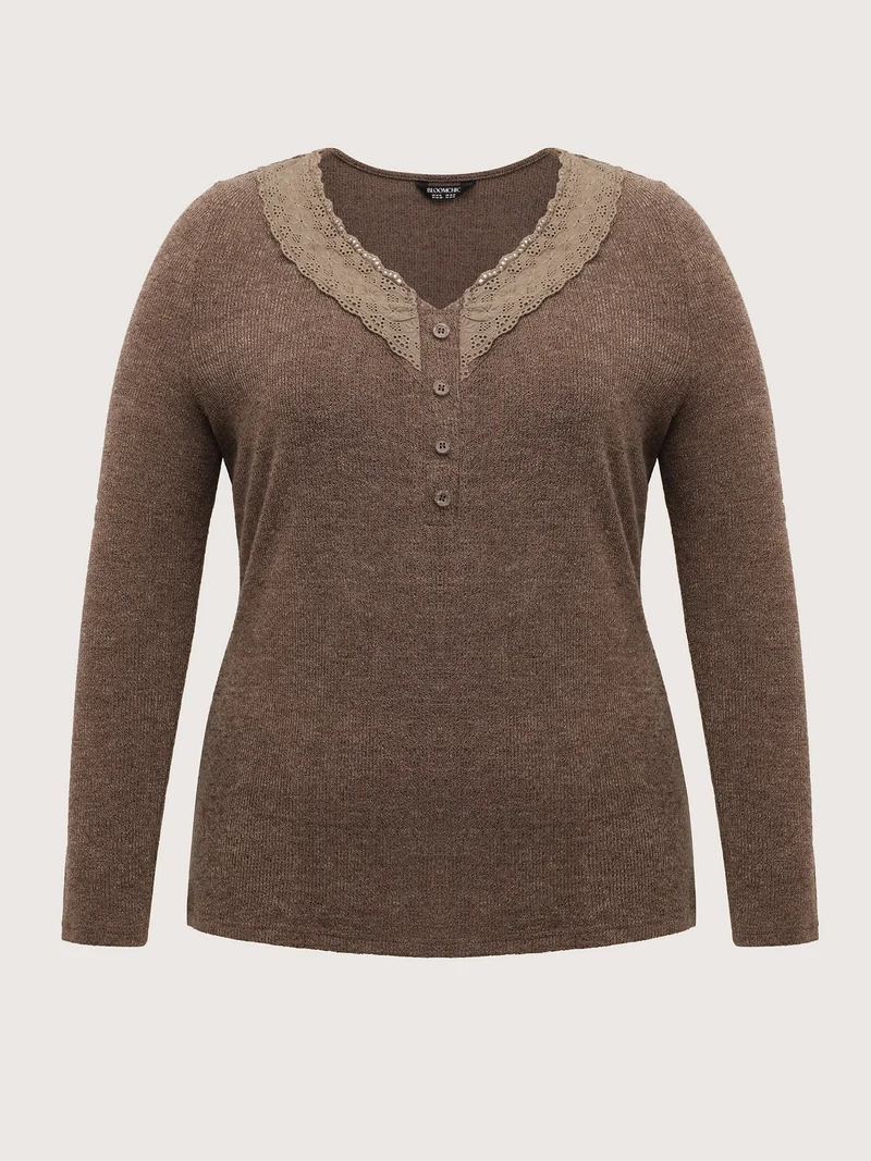 Lace Trim V-Neck Stretchy T-Shirt
